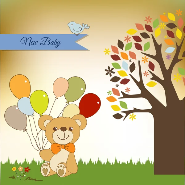 Nueva tarjeta de anuncio de bebé con osito de peluche y globos — Foto de Stock