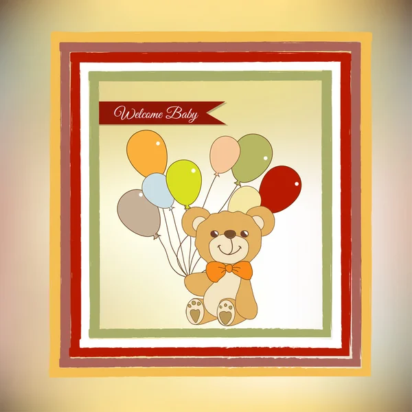 Neue Baby-Ankündigungskarte mit Teddybär und Luftballons — Stockfoto