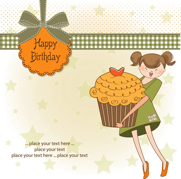Mutlu doğum günü kartı ile kız ve cupcake — Stok fotoğraf