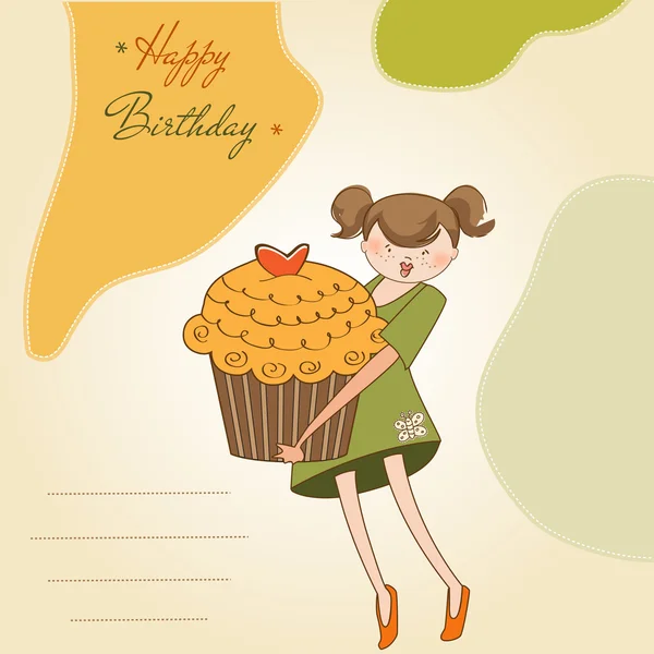 С днем рождения открытка с девушкой и кексом — стоковое фото