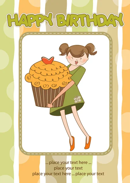 幸せな誕生日カードの女の子とカップケーキ — ストック写真