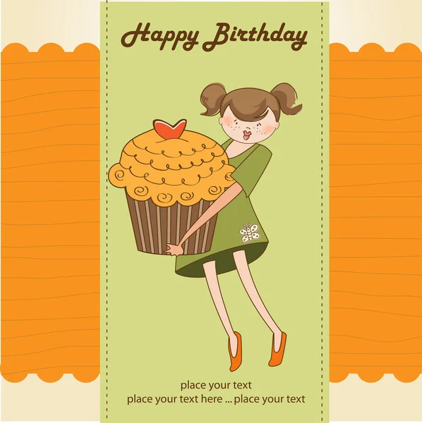 Cartão de aniversário feliz com menina e cupcake — Fotografia de Stock
