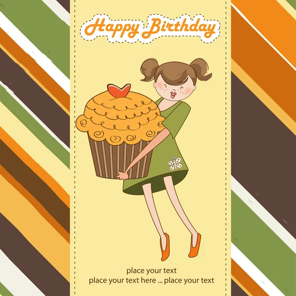 Cartão de aniversário feliz com menina e cupcake — Fotografia de Stock