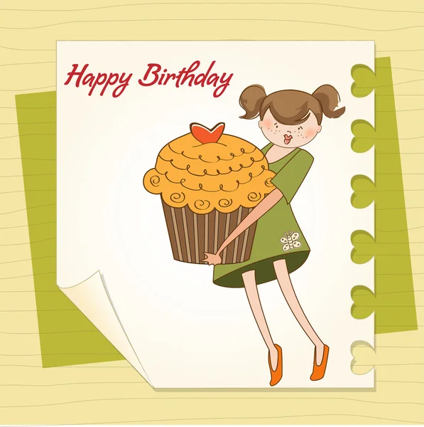 Zadowolony urodziny karty z dziewczyna i ciastko — Zdjęcie stockowe