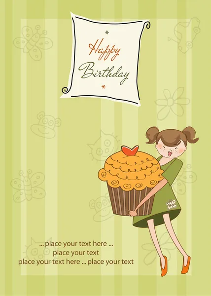 Mutlu doğum günü kartı ile kız ve cupcake — Stok fotoğraf