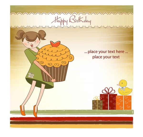 Grattis på födelsedagen-kort med flicka och cupcake — Stockfoto