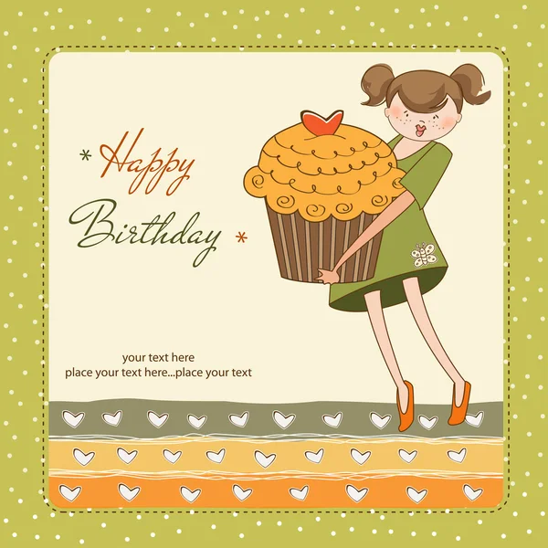 С днем рождения открытка с девушкой и кексом — стоковое фото
