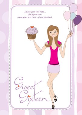 Sweet Sixteen Birthday card with young girl clipart