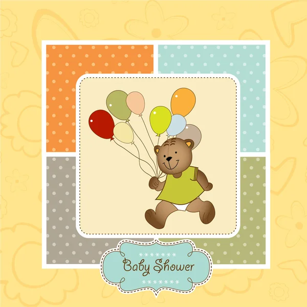 New baby announcement card with teddy bear and balloons — Stock Photo, Image