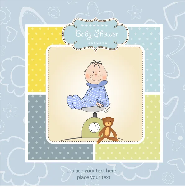 Greeting card with baby boy on scales — Stock Photo, Image