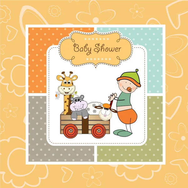 Cartão de saudação com menino e brinquedo — Fotografia de Stock