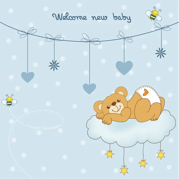 Novo cartão de banho de bebê com ursinho estragado — Fotografia de Stock