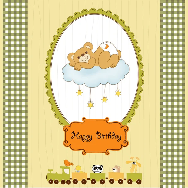 New baby shower card with spoiled teddy bear — Stock Photo, Image