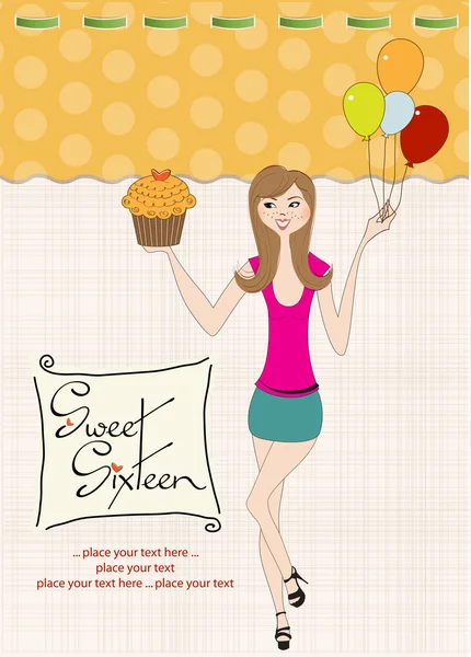 Sweet sixteen födelsedagskort med ung flicka — Stockfoto