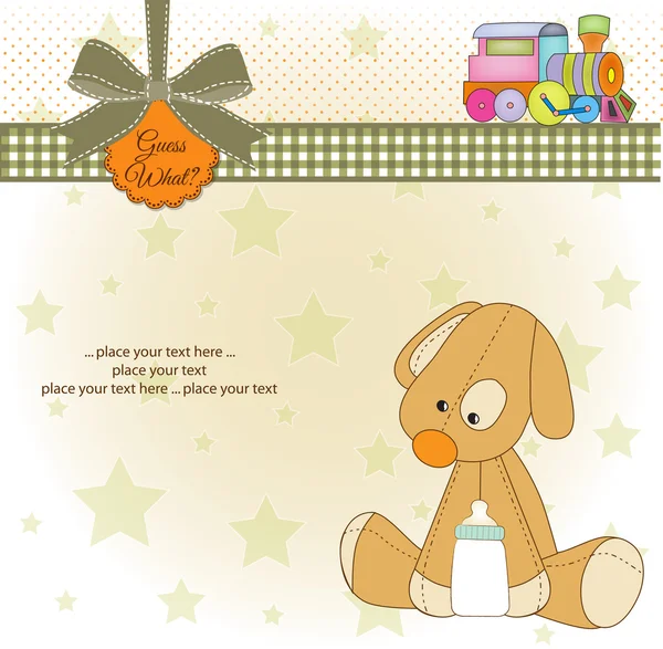 Cartão de banho de bebê com brinquedo de cachorro — Fotografia de Stock