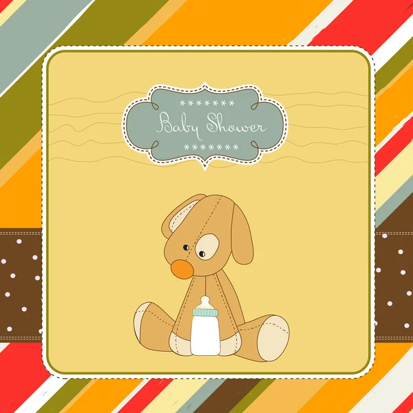 Cartão de banho de bebê com brinquedo de cachorro — Fotografia de Stock