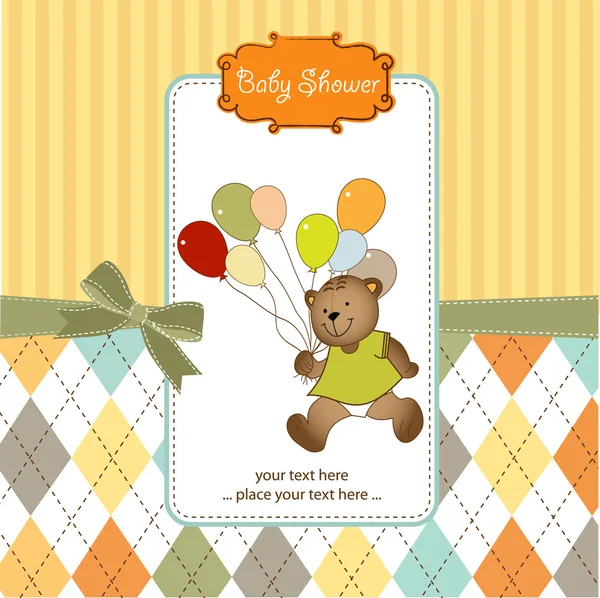 Nieuwe baby aankondiging kaart met teddybeer en ballonnen — Stockfoto