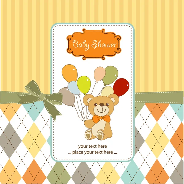 Nuova scheda di annuncio bambino con orsacchiotto e palloncini — Foto Stock