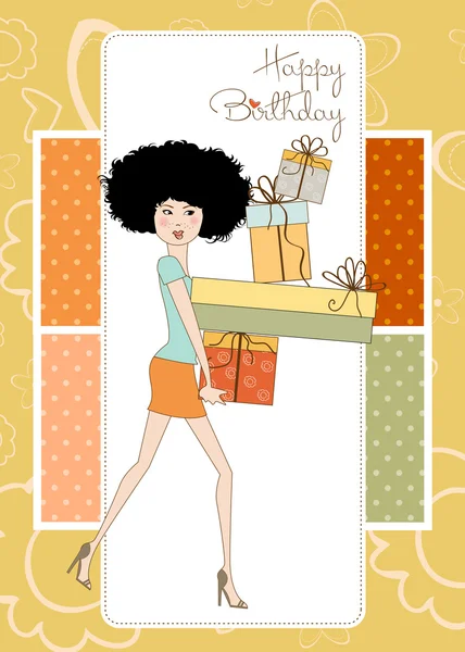 Verjaardagskaart - vrij jonge dame met armen vol met geschenken — Stockfoto