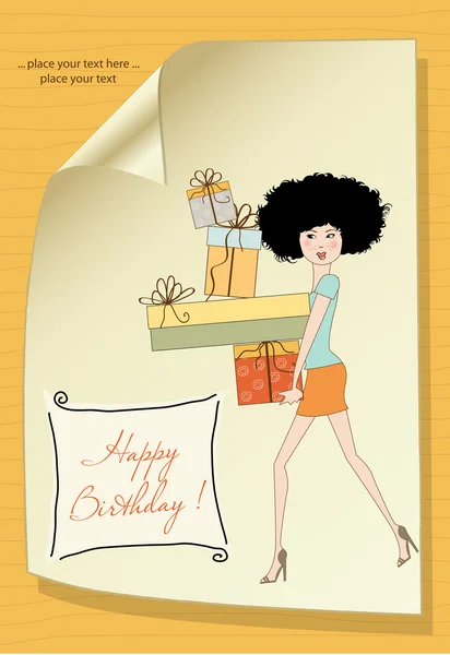 Geburtstagskarte - hübsche junge Dame mit Armen voller Geschenke — Stockfoto