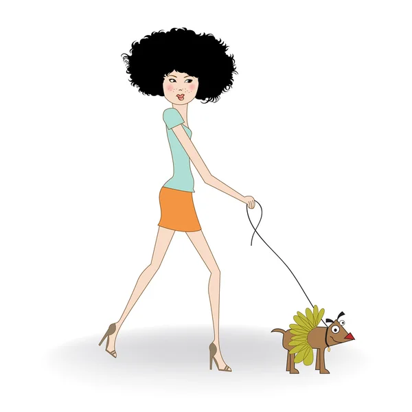 Menina bonita com seu cão vestido — Fotografia de Stock