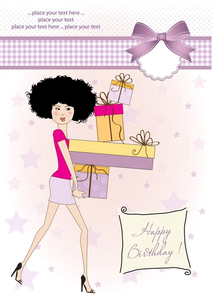Cartão de aniversário - menina bonita com braços cheios de presentes — Fotografia de Stock