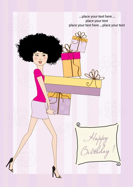 Biglietto di compleanno - bella signorina con le braccia piene di regali — Foto Stock