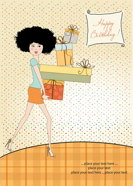Birthday card - pretty young lady with arms full of gifts — Stock Photo, Image