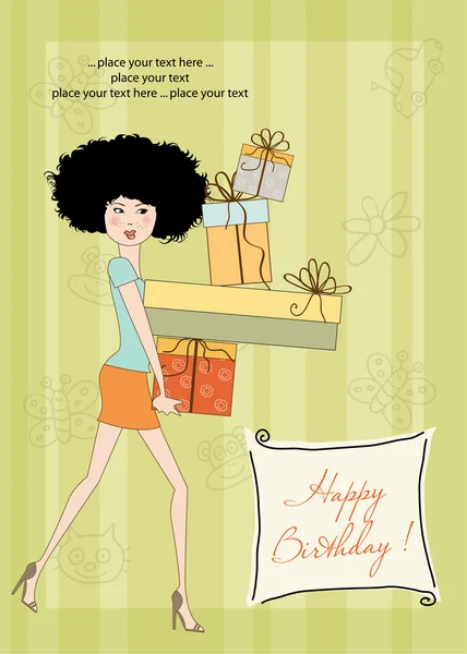 Kartka urodzinowa - bardzo młoda dama z broni pełne prezentów — Zdjęcie stockowe