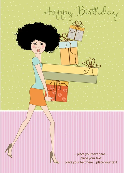 La tarjeta de cumpleaños - la señora hermosa joven con los brazos llenos de regalos — Foto de Stock