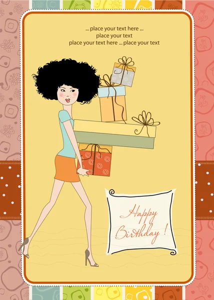 Kartka urodzinowa - bardzo młoda dama z broni pełne prezentów — Zdjęcie stockowe