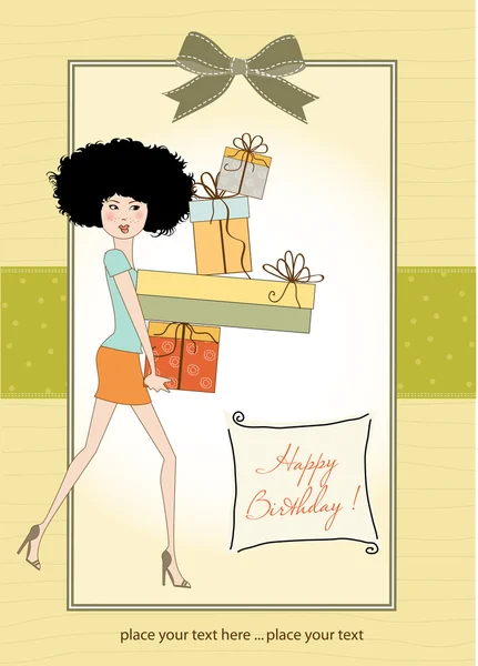 Születésnap kártya - csinos, fiatal hölgy, karja tele ajándékok — Stock Fotó