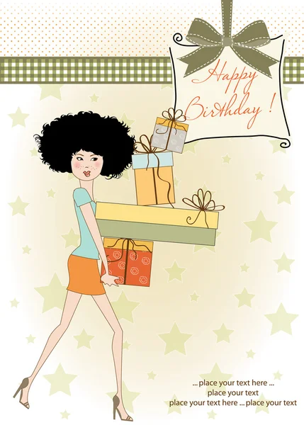 Birthday card - pretty young lady with arms full of gifts — Stock Photo, Image