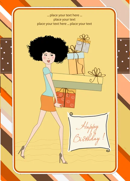 Födelsedagskort - söt ung dam med armar full av gåvor — Stockfoto