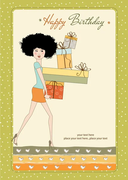 Biglietto di compleanno - bella signorina con le braccia piene di regali — Foto Stock