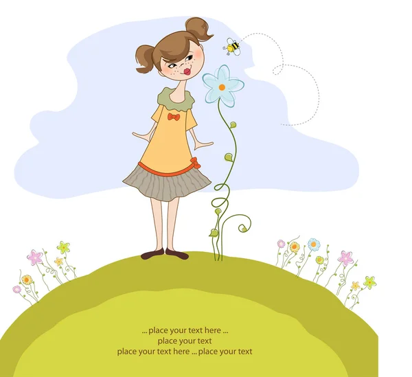 Malá mladá dáma, která voní květ — Stock fotografie