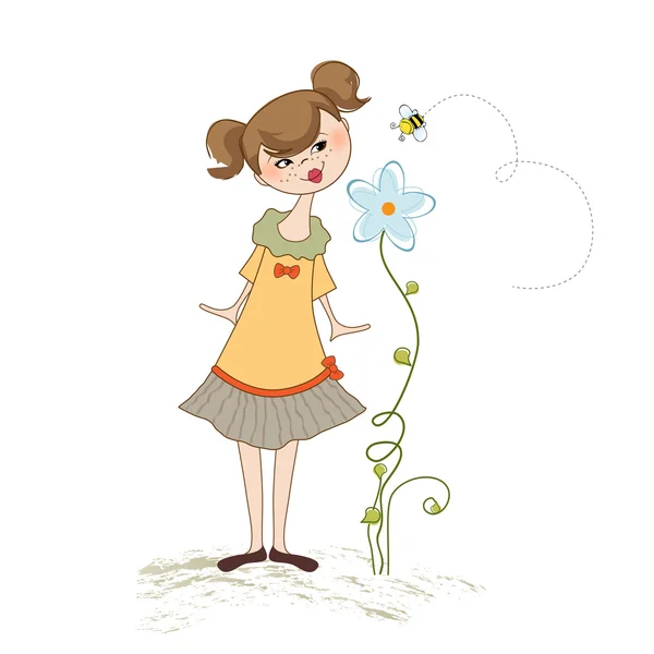 Small young lady who smells a flower — Stock Photo, Image