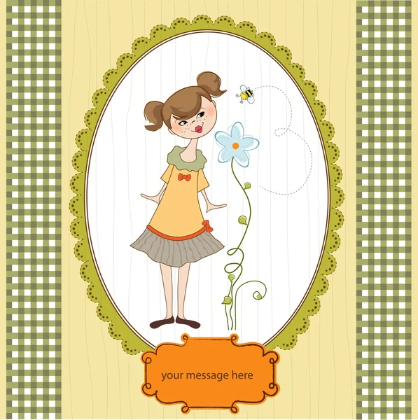 Kis fiatal hölgy, aki egy virág illata — Stock Fotó