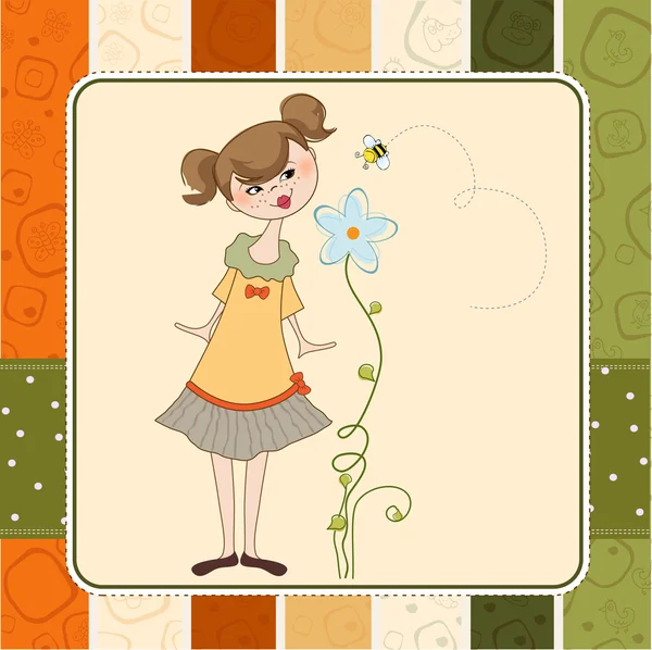 Bir çiçek kokan küçük küçük hanım — Stok fotoğraf