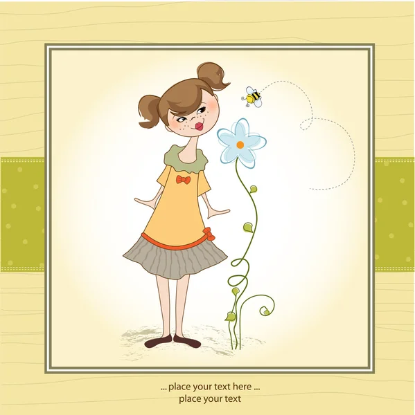 Kleine jonge dame die een bloem ruikt — Stockfoto