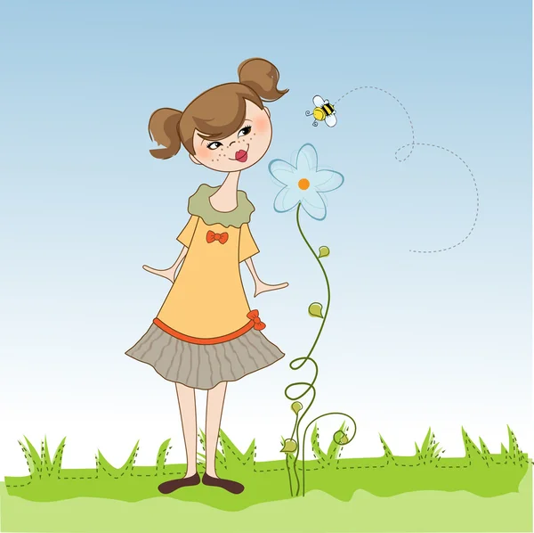Μικρό νεαρή κοπέλα που μυρίζει ένα λουλούδι — Φωτογραφία Αρχείου