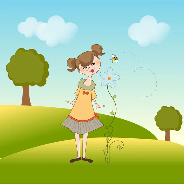 Kleine jonge dame die een bloem ruikt — Stockfoto