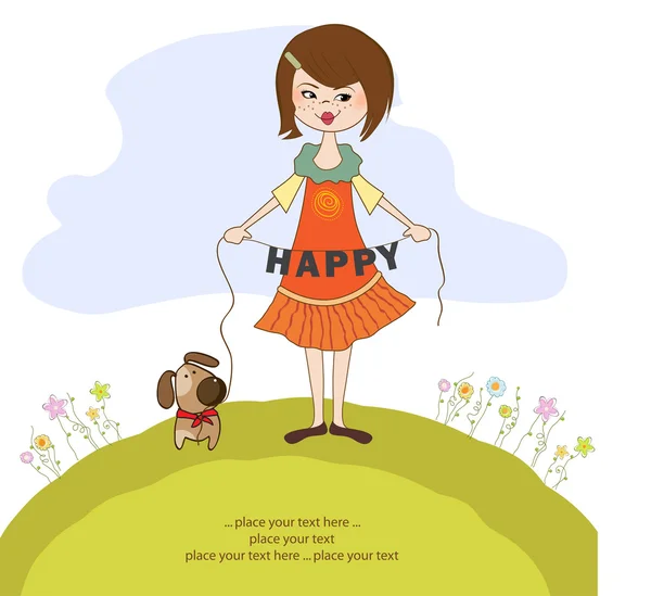 Счастливая девушка с симпатичной собакой — стоковое фото