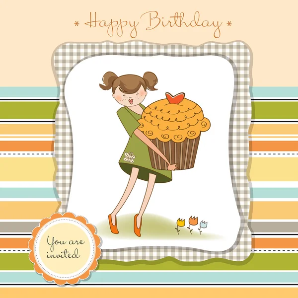 Zadowolony urodziny karty z dziewczyna i ciastko — Zdjęcie stockowe