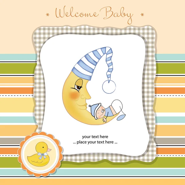 Greeting card with baby boy on moon — Stock Photo, Image