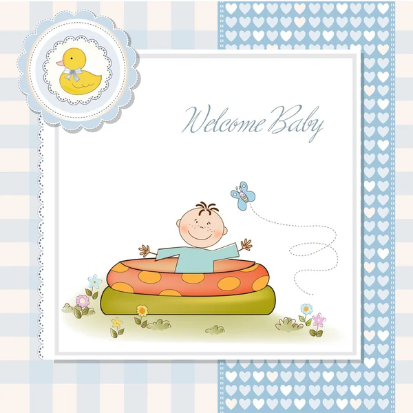 Baby bathe in a small pool . shower announcement card — Stock Photo, Image