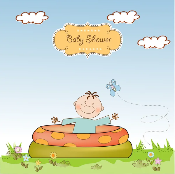 Baby bathe in a small pool . shower announcement card — Stock Photo, Image