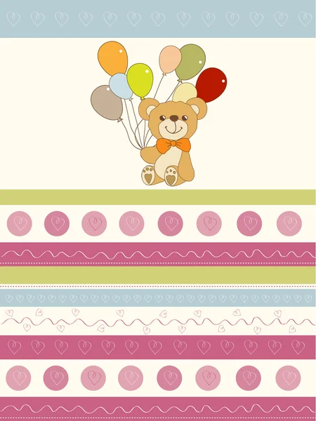 Novo cartão de anúncio do bebê com ursinho de pelúcia e balões — Fotografia de Stock