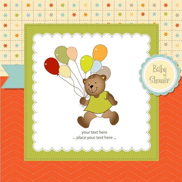 Нова дитяча листівка з плюшевим ведмедем і повітряними кульками — стокове фото