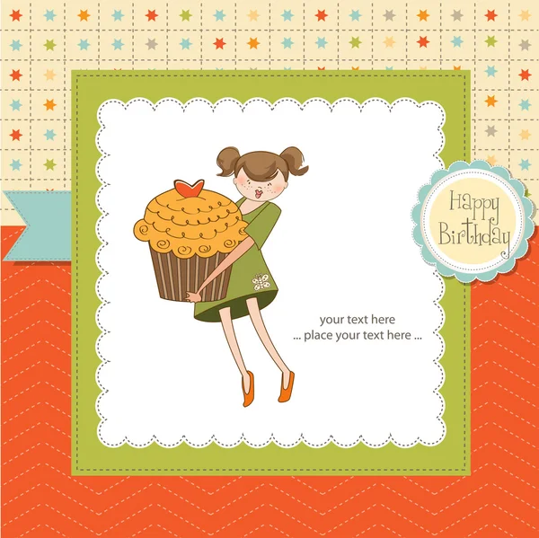Glückwunschkarte mit Mädchen und Cupcake — Stockfoto